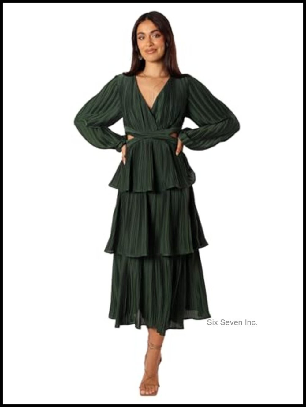 Long Sleeve Midi Dress V-Neck Tiered Frill Side Cut Outs